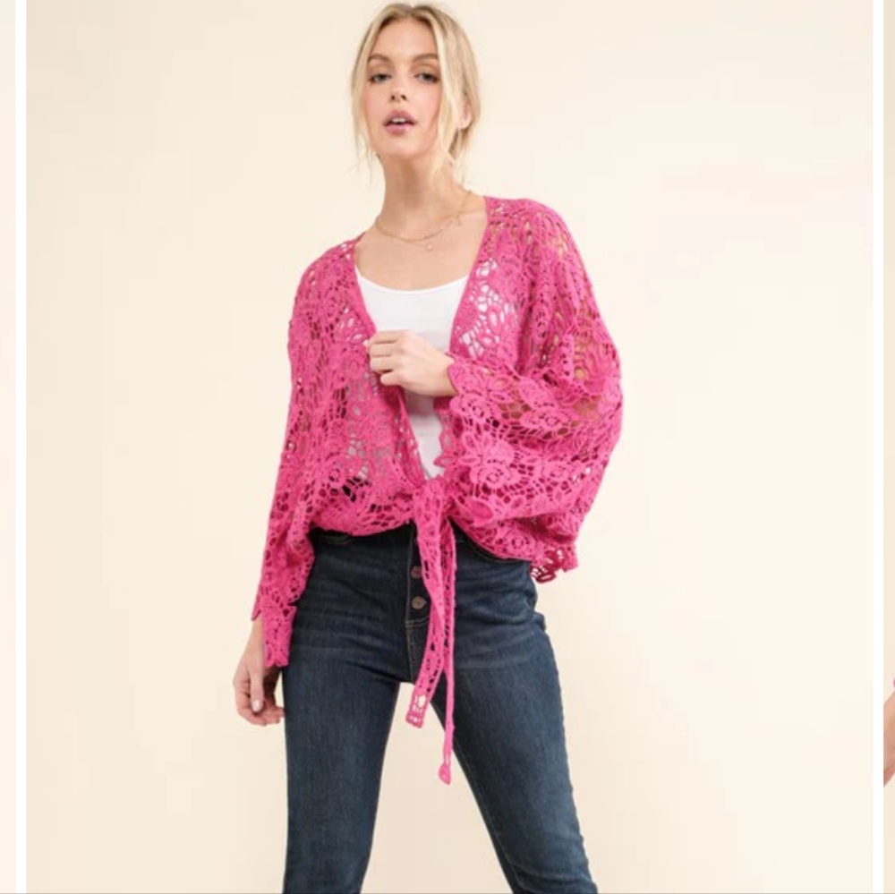 Pink Crochet Tie Front Cardigan Layering - Picture 4 of 6